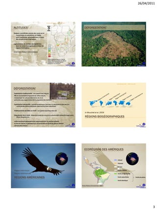 26/04/2011




                                                      Atelier Paludisme 2011   ELISSA mars 2011                                         Atelier Paludisme 2011   ELISSA mars 2011




ALTITUDES!                                                                                                DÉFORESTATION!
Toujours considérées comme des zones où la
   transmission du paludisme est faible,
   voire inexistante, principalement à cause
   des températures trop basses

augmentation du nombre des épidémies
   dans les zones montagneuses et dans les
   régions limitrophes.

changements climatiques et/ou écologiques




                                                        Risque d’épidémie basé sur l'altitude
                                                        Zones d’altitude (au-dessus de 1300 m)
                                                        et adéquation climatique pour la
                                                        transmission du paludisme.                13                                                                                  14




                                                      Atelier Paludisme 2011   ELISSA mars 2011                                         Atelier Paludisme 2011   ELISSA mars 2011




DÉFORESTATION!
Exploitation traditionnelle : une rotation des cultures
une reconstitution progressive du milieu naturel,
remplacé par les cultures sédentaires, du riz en
particulier, avec augmentation de la population des clairières

Exploitation industrielle : activité lucrative pour faire face à la demande en bois de et la
    recherche des pierres précieuses, dans tous les États indochinois

Etablissements durables en forêt : occupation anarchique des sols
                                                                                                          in Mouchet et al. 2004
Dégradation de la forêt : disparition totale de couverture arborée déjà réalisée de larges zones
    d’Asie, Amazonie etc….                                                                                RÉGIONS BIOGÉOGRAPHIQUES
milieu hautement paludogène par comparaison avec les plaines cultivées
En Asie du Sud-est, le paludisme est concentré dans les forêts du fait de l'habitat
                                                                                                  15                                                                                  16
sylvestre des vecteurs




                                                      Atelier Paludisme 2011   ELISSA mars 2011                                         Atelier Paludisme 2011   ELISSA mars 2011




                                                                                                          ECORÉGIONS DES AMÉRIQUES


                                                                                                                                         Littoral

                                                                                                                                         Piémont

                                                                                                                                         Savane

Région néarctique                                                                                                                        Hautes Vallées

Région néotropicale                                                                                                                      Forêt sempervirente

RÉGIONS AMÉRICAINES                                                                                                                      Forêt caducifoliée                     Forêts de plaine

                                                                                                                                         Forêt atlantique


                                                                                                  17                                                                                  18
                                                                                                       Rubio-Palis et Zimmerman, 1997




                                                                                                                                                                                                   3
 