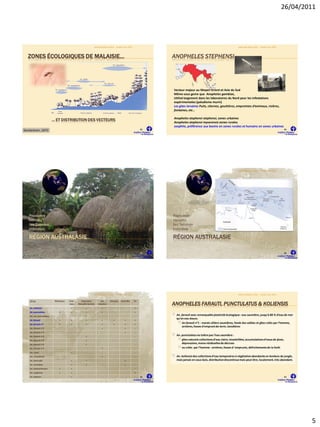 26/04/2011




                                                             Atelier Paludisme 2011   ELISSA mars 2011                                                                  Atelier Paludisme 2011   ELISSA mars 2011




  ZONES ÉCOLOGIQUES DE MALAISIE…                                                                                   ANOPHELES STEPHENSI




                                                                                                                   Vecteur majeur au Moyen Orient et Asie du Sud
                                                                                                                   Même sous genre que Anopheles gambiae,
                                                                                                                   Utilisé largement dans les laboratoires du Nord pour les infestations
                                                                                                                   expérimentales (paludisme murin)
                                                                                                                   Les gites larvaires Puits, citernes, gouttières, empreintes d’animaux, rizières,
                                                                                                                   fontaines, etc…

                                                                                                                   Anopheles stephensi stephensi, zones urbaines
                           … ET DISTRIBUTION DES VECTEURS
                                                                                                                   Anopheles stephensi mysorensis zones rurales
                                                                                                                   zoophile, préférence aux bovins en zones rurales et humains en zones urbaines
                                                                                                              25                                                                                                    26
Sandersham, 1970




                                                             Atelier Paludisme 2011   ELISSA mars 2011                                                                  Atelier Paludisme 2011   ELISSA mars 2011




   Papouasie                                                                                                       Papouasie
   Vanuatu                                                                                                         Vanuatu
   Iles Salomon                                                                                                    Iles Salomon
   Indonésie                                                                                                       Indonésie

   RÉGION AUSTRALASIE                                                                                              RÉGION AUSTRALASIE

                                                                                                              27                                                                                                    28




                                                             Atelier Paludisme 2011   ELISSA mars 2011                                                                  Atelier Paludisme 2011   ELISSA mars 2011


    18 sp                   Moluques   Irian     Papouasie          Iles      Vanuatu     Australie      CV
                                       Jaya    Nouvelle Guinée   Salomon                                           ANOPHELES FARAUTI, PUNCTULATUS & KOLIENSIS
    An. koliensis                       +            +               +                                   +
    An. punctulatus            +        +            +               +                                   +
    An. var. punctulatus                             +
                                                                                                                     An. farauti avec remarquable plasticité écologique : eau saumâtre, jusqu'à 80 % d’eau de mer
                                                                                                                     qu'en eau douce.
    An. farauti                +        +            +               +            +           +          +
    An. farauti n°l            +        +            +               +            +           +          +
                                                                                                                         An farauti n°1 : marais côtiers saumâtres, fonds des vallées et gîtes créés par l’homme,
                                                                                                                         ornières, fosses d'emprunt de terre, tarodières
    An. farauti n°2                                                  +                        +          -
    An. farauti n°3                                                                           +          -
    An. farauti n°4                                  +                                                   -           An. punctulatus ne tolère pas l’eau saumâtre :
    An. farauti n°5                                  +                                                   -               gîtes naturels collections d'eau claire, ensoleillées, accumulations d'eaux de pluie,
    An. farauti n°6                                  +                                                   -               dépressions, mares résiduelles de décrues
    An. farauti n°7                                                  +                                   -               ou créés par l'homme : ornières, fosses d 'emprunts, défrichements de la forêt
    An. clowi                           +                                                                -
    An. rennelensis                                                  +                                   -           An. koliensis des collections d'eau temporaires à végétation abondante en bordure de jungle,
    An. bancrofti                       +            +                                        +                      mais jamais en sous-bois, distribution discontinue mais peut être, localement, très abondant.
    An. annulipes                       +            +                                        +          -
    An. barbumbrosus           +        +                                                                -
    An. subpictus              +        +                                                                ?
    An. katwari                         +                                                                -    29                                                                                                    30




                                                                                                                                                                                                                            5
 