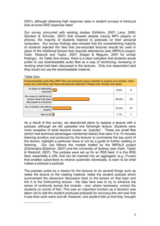2001), although obtaining high response rates in student surveys is hard-just
look at some NSS response rates!

Our survey concurred with existing studies (Gribbins, 2007; Lane, 2006;
Sandars & Schroter, 2007) that showed despite having MP3 players or
phones, the majority of students listened to podcasts on their personal
computers. Our survey findings also showed that the overwhelming majority
of students rejected the idea that pre-recorded lectures should be used in
place of the traditional lecture that required attendance (see IMPALA project;
Clark, Westcott and Taylor, 2007; Draper & Maguire, 2007 for similar
findings). As Table One shows, there is a clear indication that students would
prefer to use downloadable audio files as a way of reinforcing, reviewing or
revising what had been discussed in the lectures. Only one respondent said
they would not use the downloadable material.

Table One:
If downloadable audio files (MP3 files and podcasts) were available to support your studies, when
would you most likely use these educational materials? Please only choose one option.
   In place of attending
                                                                                 6.9%        6
                lectures:
As a way to reinforce or
 review what has been                                                           60.9%       53
 discussed in a lecture:
As a revision aid before
                                                                                31.0%       27
                 exams:
              Not at all:                                                        1.1%        1


As a result of this survey, we abandoned plans to replace a lecture with a
podcast, although we did uploaded one full-length lecture. Students were
more receptive of what became known as “podules”. These are small files
(which had technical advantages mentioned below) that were 5 to 10 minutes
listening duration and produced by the lecturer to summarise the key point of
the lecture, highlight a particular issue or act as a guide to further reading or
listening. Our use follows the models trialled by the IMPALA project
(Edirisingha &Salmon, 2007) and the University of Sydney (see Clark, Taylor
& Westcott, 2007). The podules were set up for an RSS feed. It is this RSS
feed, essentially a URL that can be inserted into an aggregator (e.g. iTunes)
that enables subscribers to receive automatic downloads, is seen to be what
makes a podcast a podcast.

The podules acted as a means for the lecturer to do several things such as
relate the lecture to the reading material, relate the student podcast which
summarised the classroom discussion back to the lecture on that topic and
link it to the forthcoming lecture - the idea here was to try to enhance the
sense of continuity across the module - and, where necessary, correct the
students on points of fact. This was an important function as a decision was
taken not to edit the student produced podcasts for accuracy-the aim was that
it was their work warts and all. However, one student told us that they ‘brought




                                                                                                    4
 
