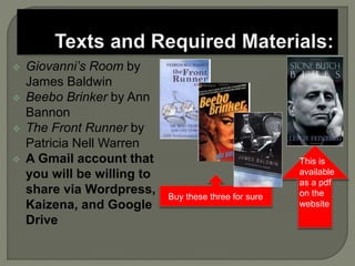  Giovanni’s Room by 
James Baldwin 
 Beebo Brinker by Ann 
Bannon 
 The Front Runner by 
Patricia Nell Warren 
 A Gmail account that 
you will be willing to 
share via Wordpress, 
Kaizena, and Google 
Drive 
Buy these three for sure 
This is 
available 
as a pdf 
on the 
website 
 