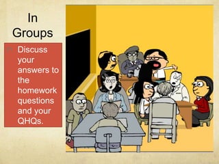 In
Groups
Discuss
your
answers to
the
homework
questions
and your
QHQs.
 