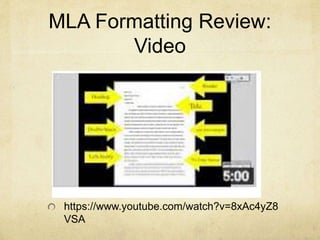 MLA Formatting Review:
Video
https://www.youtube.com/watch?v=8xAc4yZ8
VSA
 