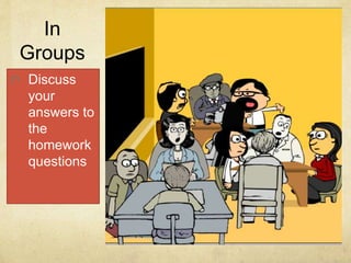 In
Groups
Discuss
your
answers to
the
homework
questions
 