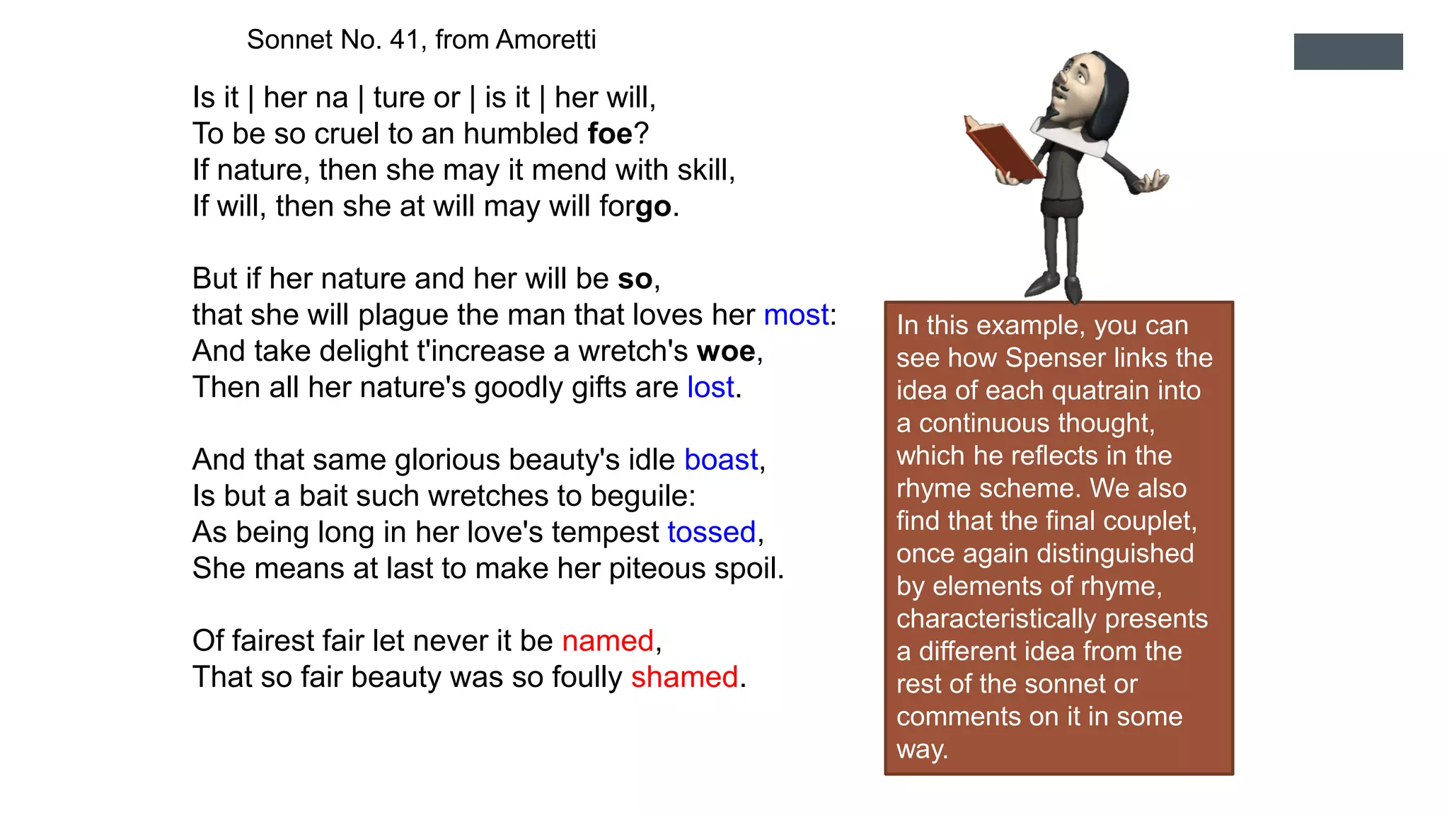 Is it | her na | ture or | is it | her will,
To be so cruel to an humbled foe?
If nature, then she may it mend with skill,
If will, then she at will may will forgo.
But if her nature and her will be so,
that she will plague the man that loves her most:
And take delight t'increase a wretch's woe,
Then all her nature's goodly gifts are lost.
And that same glorious beauty's idle boast,
Is but a bait such wretches to beguile:
As being long in her love's tempest tossed,
She means at last to make her piteous spoil.
Of fairest fair let never it be named,
That so fair beauty was so foully shamed.
In this example, you can
see how Spenser links the
idea of each quatrain into
a continuous thought,
which he reflects in the
rhyme scheme. We also
find that the final couplet,
once again distinguished
by elements of rhyme,
characteristically presents
a different idea from the
rest of the sonnet or
comments on it in some
way.
Sonnet No. 41, from Amoretti
 
