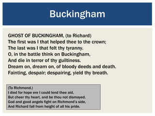 Buckingham
GHOST OF BUCKINGHAM, (to Richard)
The first was I that helped thee to the crown;
The last was I that felt thy tyranny.
O, in the battle think on Buckingham,
And die in terror of thy guiltiness.
Dream on, dream on, of bloody deeds and death.
Fainting, despair; despairing, yield thy breath.
(To Richmond.)
I died for hope ere I could lend thee aid,
But cheer thy heart, and be thou not dismayed.
God and good angels fight on Richmond’s side,
And Richard fall from height of all his pride.
 