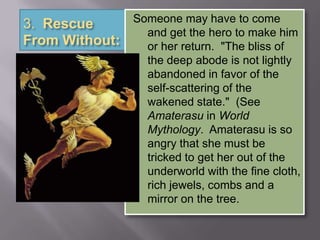 3. Rescue
From Without:
Someone may have to come
and get the hero to make him
or her return. "The bliss of
the deep abode is not lightly
abandoned in favor of the
self-scattering of the
wakened state." (See
Amaterasu in World
Mythology. Amaterasu is so
angry that she must be
tricked to get her out of the
underworld with the fine cloth,
rich jewels, combs and a
mirror on the tree.
 