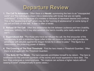 1. The Call To Adventure: Often there is a Herald, summoning the hero to an "unsuspected
world" and "the individual is drawn into a relationship with forces that are not rightly
understood." It may be because of a mistake or because of repressed desires and conflicts.
This is the "awakening of self" which may be the "coming of adolescence" or some dying of
old self and birth of new self. A deer is often a herald.
2. Refusal Of The Call: Often this establishes the link between audience and hero (inability,
weakness, fallibility) but it may also establish the hero's morality (who really wants to go to
war?)
3. Supernatural Aid: "For those who have not refused the call, the first encounter of the
hero-journey is with a protective figure (often a little old crone or old man) who provides the
adventurer with amulets against the dragon forces he is about to pass." This figure is a
reassurance, the protecting power of destiny.
4. The Crossing of The First Threshold: First the hero meets a Threshold Guardian. Often
there is a struggle with the Threshold Guardian.
5. The Belly Of The Whale: The hero basically annihilates himself to be reborn. The hero is
swallowed into the unknown (symbolic of the womb) and would appeared to have died. The
hero thus undergoes a metamorphosis. "No creature can achieve a higher nature without
ceasing to exist" (metaphorically in some cases.)
 