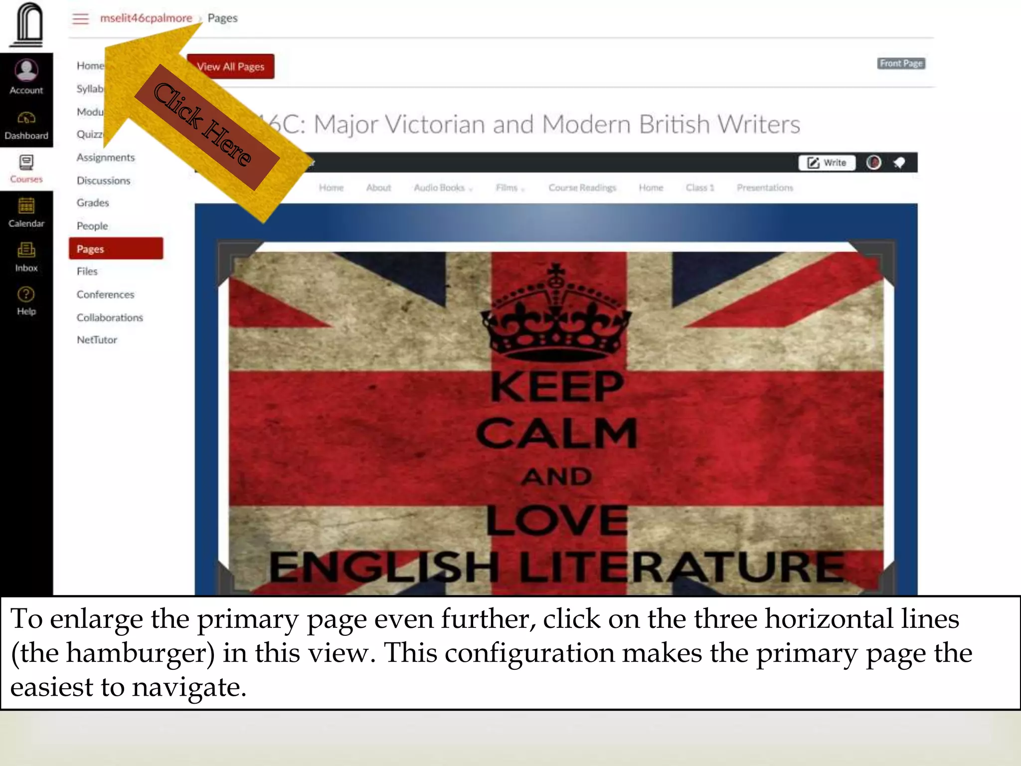 To enlarge the primary page even further, click on the three horizontal lines
(the hamburger) in this view. This configuration makes the primary page the
easiest to navigate.
 