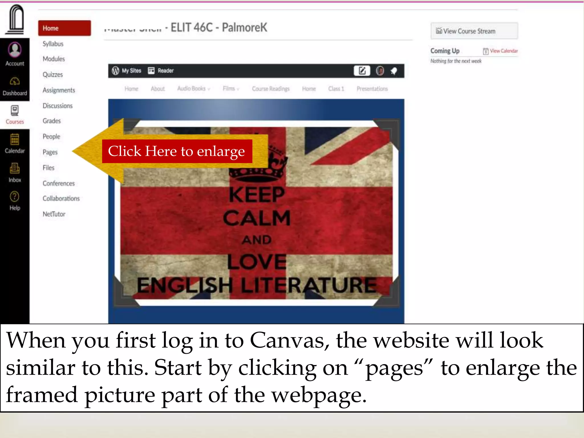 When you first log in to Canvas, the website will look
similar to this. Start by clicking on “pages” to enlarge the
framed picture part of the webpage.
Click Here to enlarge
 