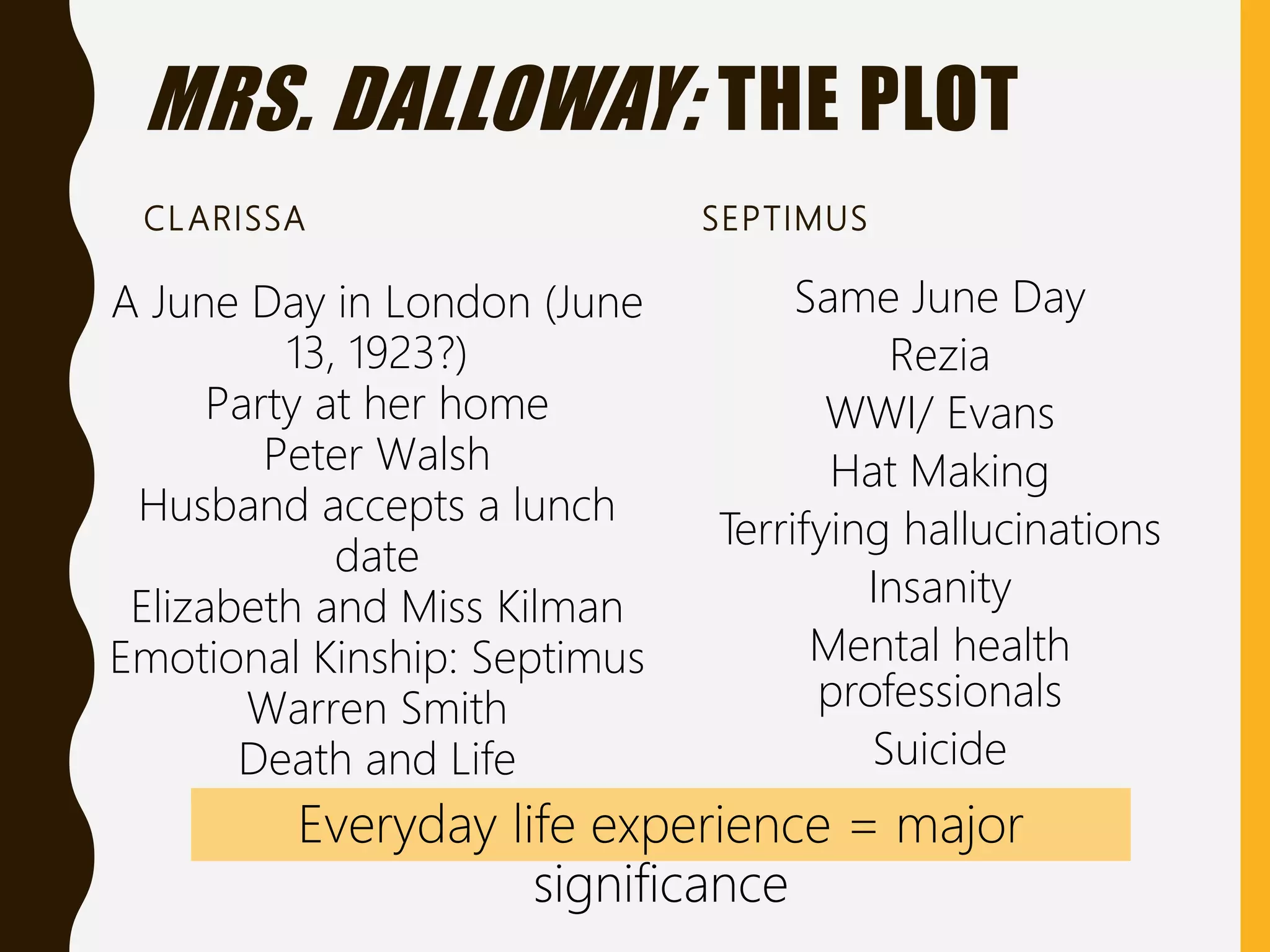MRS. DALLOWAY: THE PLOT
CLARISSA
Same June Day
Rezia
WWI/ Evans
Hat Making
Terrifying hallucinations
Insanity
Mental health
professionals
Suicide
SEPTIMUS
A June Day in London (June
13, 1923?)
Party at her home
Peter Walsh
Husband accepts a lunch
date
Elizabeth and Miss Kilman
Emotional Kinship: Septimus
Warren Smith
Death and Life
Everyday life experience = major
significance
 