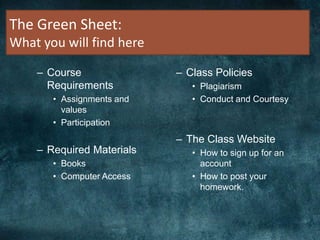 The Green Sheet:
What you will find here
– Course
Requirements
• Assignments and
values
• Participation
– Required Materials
• Books
• Computer Access
– Class Policies
• Plagiarism
• Conduct and Courtesy
– The Class Website
• How to sign up for an
account
• How to post your
homework.
 