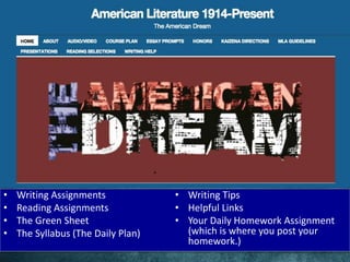 • Writing Assignments
• Reading Assignments
• The Green Sheet
• The Syllabus (The Daily Plan)
• Writing Tips
• Helpful Links
• Your Daily Homework Assignment
(which is where you post your
homework.)
 