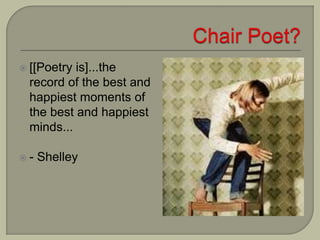  [[Poetry is]...the
record of the best and
happiest moments of
the best and happiest
minds...
 - Shelley
 