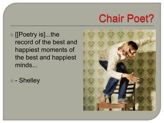  [[Poetry is]...the
record of the best and
happiest moments of
the best and happiest
minds...
 - Shelley
 