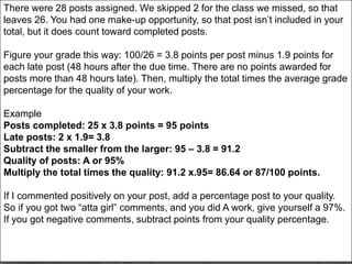 There were 28 posts assigned. We skipped 2 for the class we missed, so that
leaves 26. You had one make-up opportunity, so that post isn’t included in your
total, but it does count toward completed posts.
Figure your grade this way: 100/26 = 3.8 points per post minus 1.9 points for
each late post (48 hours after the due time. There are no points awarded for
posts more than 48 hours late). Then, multiply the total times the average grade
percentage for the quality of your work.
Example
Posts completed: 25 x 3.8 points = 95 points
Late posts: 2 x 1.9= 3.8
Subtract the smaller from the larger: 95 – 3.8 = 91.2
Quality of posts: A or 95%
Multiply the total times the quality: 91.2 x.95= 86.64 or 87/100 points.
If I commented positively on your post, add a percentage post to your quality.
So if you got two “atta girl” comments, and you did A work, give yourself a 97%.
If you got negative comments, subtract points from your quality percentage.
 