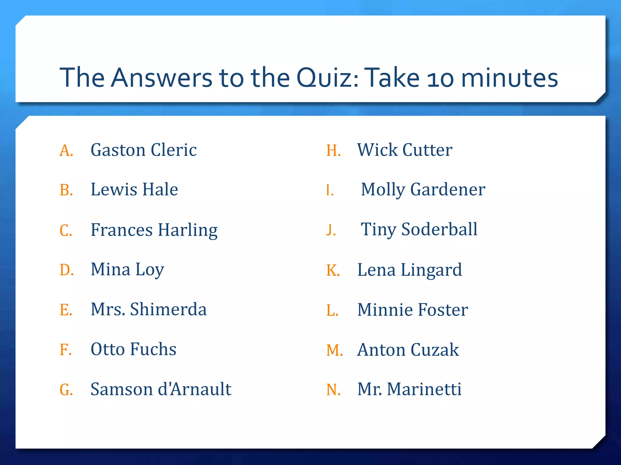 The Answers to the Quiz:Take 10 minutes
A. Gaston Cleric
B. Lewis Hale
C. Frances Harling
D. Mina Loy
E. Mrs. Shimerda
F. Otto Fuchs
G. Samson d'Arnault
H. Wick Cutter
I. Molly Gardener
J. Tiny Soderball
K. Lena Lingard
L. Minnie Foster
M. Anton Cuzak
N. Mr. Marinetti
 