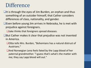 Difference
It is through the eyes of Jim Burden, an orphan and thus
something of an outsider himself, that Cather considers
differences of class, nationality, and gender.
Even before young Jim arrives in Nebraska, he is met with
prejudice against foreigners.
Jake thinks that foreigners spread diseases.
But Cather makes it clear that prejudice was not invented
in America.
Otto tells Mrs. Burden, "Bohemians has a natural distrust of
Austrians."
And Norwegian Lena feels fated by the Lapp blood of her
paternal grandmother. "I guess that’s what's the matter with
me; they say Lapp blood will out."
 