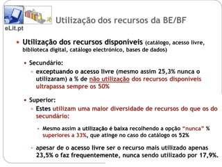 Utilização dos recursos da BE/BF
eLit.pt

     Utilização dos recursos disponíveis (catálogo, acesso livre,
      biblioteca digital, catálogo electrónico, bases de dados)

           Secundário:
             exceptuando o acesso livre (mesmo assim 25,3% nunca o
              utilizaram) a % de não utilização dos recursos disponíveis
              ultrapassa sempre os 50%

           Superior:
             Estes utilizam uma maior diversidade de recursos do que os do
              secundário:
                 Mesmo assim a utilização é baixa recolhendo a opção “nunca” %
                  superiores a 33%, que atinge no caso do catálogo os 52%

             apesar de o acesso livre ser o recurso mais utilizado apenas
              23,5% o faz frequentemente, nunca sendo utilizado por 17,9%.
 