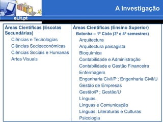O resultado deste processo é a satisfação ou não-satisfação do estudanteA InvestigaçãoMetodologia de InvestigaçãoA investigação teve a seguinte base:a) É necessário desenvolver um estudo específico no país de forma a: determinar a existência ou não de diversos padrões de literaciaidentificaraaptidão e atitude dos estudantes universitários face à literacia informacional no ensino superiorb) A cultura informacional é potencialmente diferente das distintas áreas geográficas de Portugalc) O comportamento informacional está ligado ás expectativas, necessidades e estilo de vidad) A criação de um programa estratégico de literacia informacional seria uma garantia de uma optimização do processo de adaptação de Portugal ao Espaço Europeu do Ensino Superior e à sociedade do conhecimento.