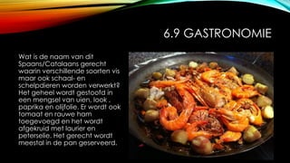6.9 GASTRONOMIE
Wat is de naam van dit
Spaans/Catalaans gerecht
waarin verschillende soorten vis
maar ook schaal- en
schelpdieren worden verwerkt?
Het geheel wordt gestoofd in
een mengsel van uien, look ,
paprika en olijfolie. Er wordt ook
tomaat en rauwe ham
toegevoegd en het wordt
afgekruid met laurier en
peterselie. Het gerecht wordt
meestal in de pan geserveerd.
 
