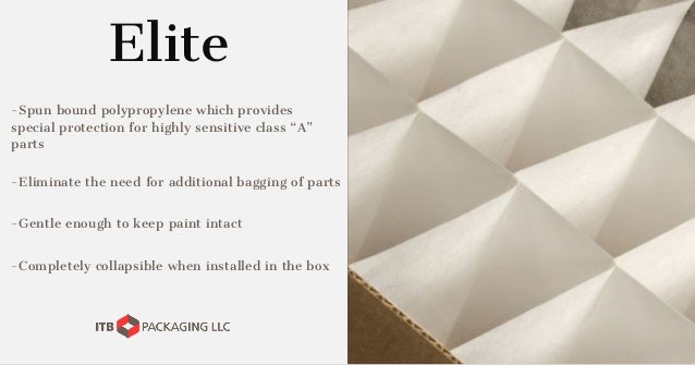 Elite
-Gentle enough to keep paint intact
-Spun bound polypropylene which provides
special protection for highly sensitive class “A”
parts
the need
-Eliminate bagging of parts
for additional
collapsible when installed in box
-Completely the
 