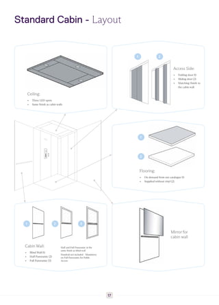 Standard Cabin - Layout
Ceiling:
▸ Three LED spots
▸ Same finish as cabin walls
Access Side:
▸ Folding door (1)
▸ Sliding door (2)
▸ Matching finish to
the cabin wall
Flooring:
▸ On demand from our catalogue (1)
▸ Supplied without vinyl (2)
Mirror for
cabin wall
1
1
2
2
1 2 3
Cabin Wall:
▸ Blind Wall (1)
▸ Half Panoramic (2)
▸ Full Panoramic (3)
Half and Full Panoramic in the
same finish as blind wall
Handrail not included - Mandatory
on Full Panoramic for Public
Access
17
 