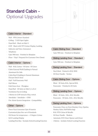Standard Cabin -
Optional Upgrades
Cabin Interior - Standard
▸ Wall - PPS Colours Standard
▸ Celling - 3 LED Spot Lights
▸ Hand Rail - Black on Side G
▸ COP - Black with TFT Colour Display, Landing
▸ Indicator and Voice Announcer
▸ Telephone
▸ Upto 900 mm - Finished in Skinplate
▸ Floor - Vinyl / Prepared for Customer Own (3mm)
Cabin Interior - Options
▸ Wall - RAL Colour / SS Satin / SS Linen
▸ Cabin External Wall Cladding in Natural
▸ Aluminum Per Side
▸ Cabin Roof Cladding in Natural Aluminum
(Except Hatch Area)
▸ Half / Full Panoramic Wall
▸ Half Mirror
▸ Fold Down Seat - Plexiglass
▸ Hand Rail - SS Satin on Side G, A, B, C
▸ Ventilation Fan in Ceiling
▸ i-Button in COP instead of Key switch
▸ Autodialer / Autodialer + GSM
▸ Fire Alarm System Integration - Compatibility
Other - Options
▸ Power Pack Extension Upto 10 meters
▸ Customized plan Size out of Standards
▸ Oil Heater for temperature +5 Degree Celsius
▸ LCD Landing Display
▸ Landing Door Key - Includes School Locking Function
Cabin Sliding Door - Standard
▸ Upto 900 mm - Finished in Skinplate
Sliding Landing Door - Standard
▸ Upto 900 mm - Finished in Skinplate
Swing Landing Door - Standard
▸ Steel blind - Painted in RAL 9010
▸ SS Door Handle - Techno
Cabin Sliding Door - Options
▸ Blind - SS Satin, RAL, Special RAL
▸ Panoramic - Finished in SS Satin
Sliding Landing Door - Options
▸ Blind - SS Satin , RAL , RAL Metallic
▸ Panoramic - SS Satin , RAL , RAL Metallic
Swing Landing Door - Options
▸ Panoramic Glass on Door (Smokey Grey, Opaline,
Smokey Satin, Half Reflecting)
▸ RAL STD Colour  Metallic
▸ SS Door Handle - Modern
▸ Automatic EVO Door Opener and Closer
▸ i-Button - includes School Locking Function
20
 