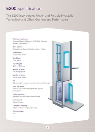 E200 Specification
The E200 Incorporates Proven and Reliable Hydraulic
Technology and Offers Comfort and Performance
Technical compliance:
European Machinery Directive 2006/42/EC Reference
standard: EN 81-41/SIL 3
Drive system:
Hydraulic control unit with indirect action by chains
Rated speed:
0.15 m/s up to 0.3 m/s
Rated load:
Up to 400 kg
Travel height:
12600 to 13100 mm
Number of stops:
Max. 6 stops per lift
Number of doors:
Max. 12 doors per lift
Pit:
120 mm (no pit is required when there is a threshold/ramp)
Shaft top height:
Standard 2300 mm depending on shaft type and
landing doors.
Platform control:
Automatic (one-touch) with call reservation
Environment:
Indoor / Outdoor
Emergency lowering:
Battery-operated emergency lowering
Control voltage:
24V
9
 
