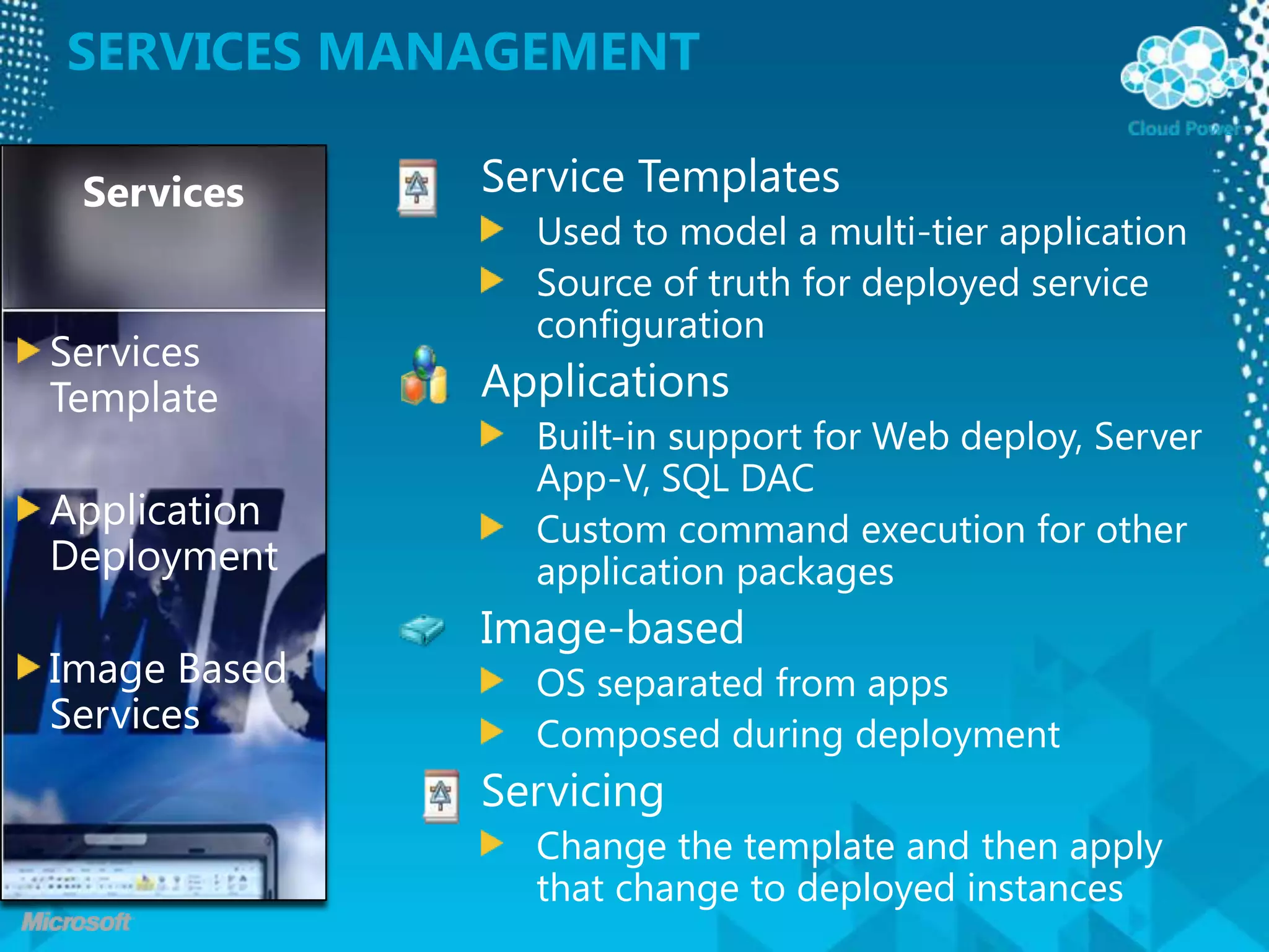 SERVICES ManagementService TemplatesUsed to model a multi-tier applicationSource of truth for deployed service configurationApplicationsBuilt-in support for Web deploy, Server App-V, SQL DACCustom command execution for other application packagesImage-basedOS separated from appsComposed during deploymentServicingChange the template and then apply that change to deployed instancesServicesServices TemplateApplication DeploymentImage Based Services