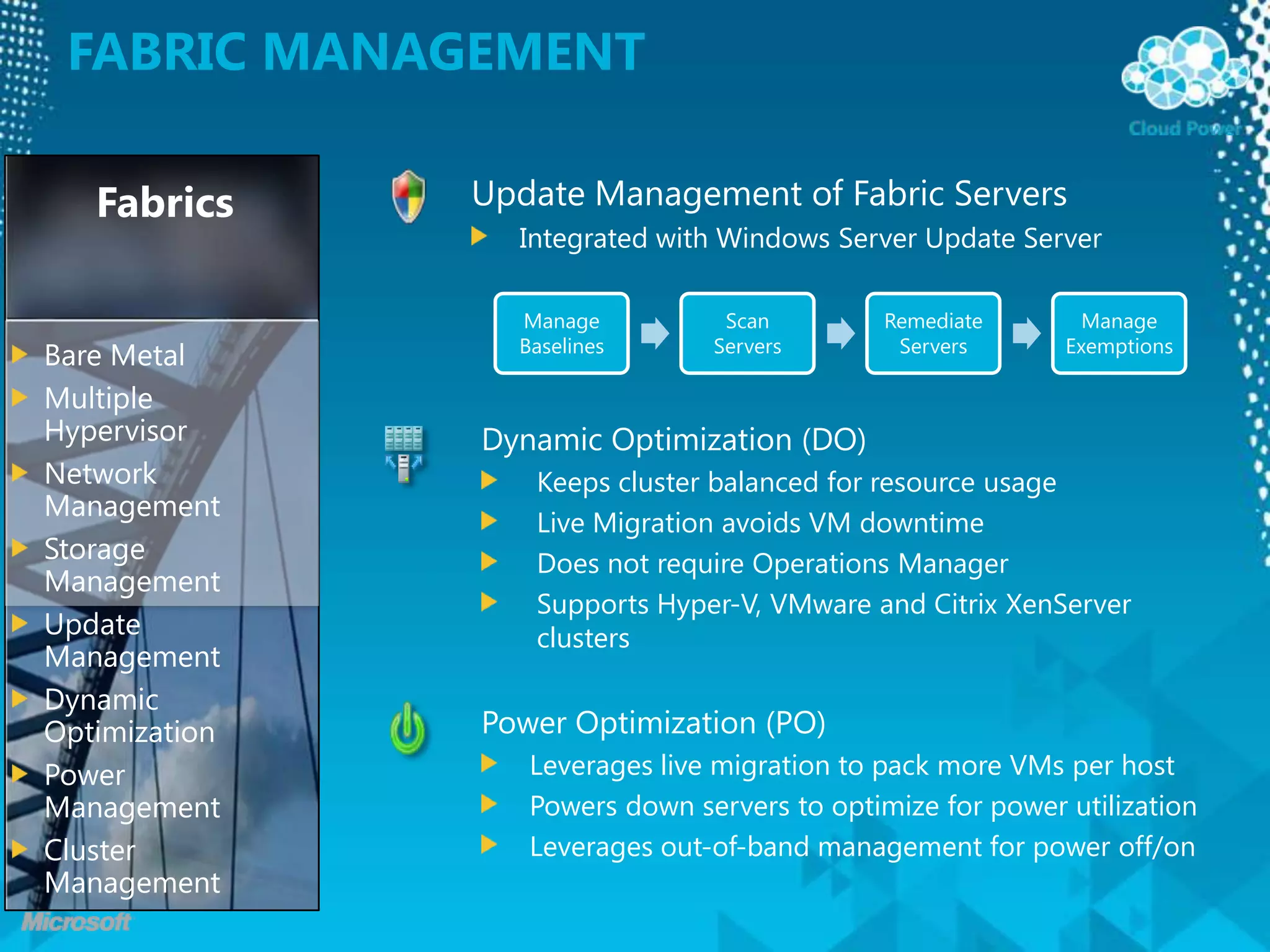 Fabric ManagementUpdate Management of Fabric ServersIntegrated with Windows Server Update ServerFabricsBare MetalMultiple HypervisorNetwork ManagementStorage ManagementUpdate ManagementDynamic OptimizationPower ManagementCluster ManagementDynamic Optimization (DO)Keeps cluster balanced for resource usageLive Migration avoids VM downtimeDoes not require Operations ManagerSupports Hyper-V, VMware and Citrix XenServer clustersPower Optimization (PO)Leverages live migration to pack more VMs per hostPowers down servers to optimize for power utilizationLeverages out-of-band management for power off/on