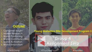 Group 4
Assignment Zero
Young Marketers Elite Development Program 3
#DinhGiang #PhucHau #VanHien
1. Consumer Insight
2. Market Research
3. Brand Positioning
4. Brand Communication
5. Brand Activation
6. Brand Innovation
 