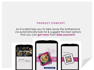 An E-wallet help you to take away the bothersome
via automatically look for & suggest the best options
that you can get more from daily payment.
P R O D U C T C O N C E PT
MAKEPAYMENT
 
