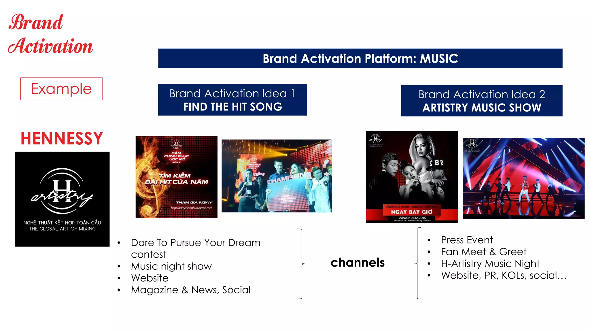 Brand
Activation
Example
HENNESSY
Brand Activation Platform: MUSIC
Brand Activation Idea 1
FIND THE HIT SONG
Brand Activation Idea 2
ARTISTRY MUSIC SHOW
• Dare To Pursue Your Dream
contest
• Music night show
• Website
• Magazine & News, Social
• Press Event
• Fan Meet & Greet
• H-Artistry Music Night
• Website, PR, KOLs, social…
channels
 