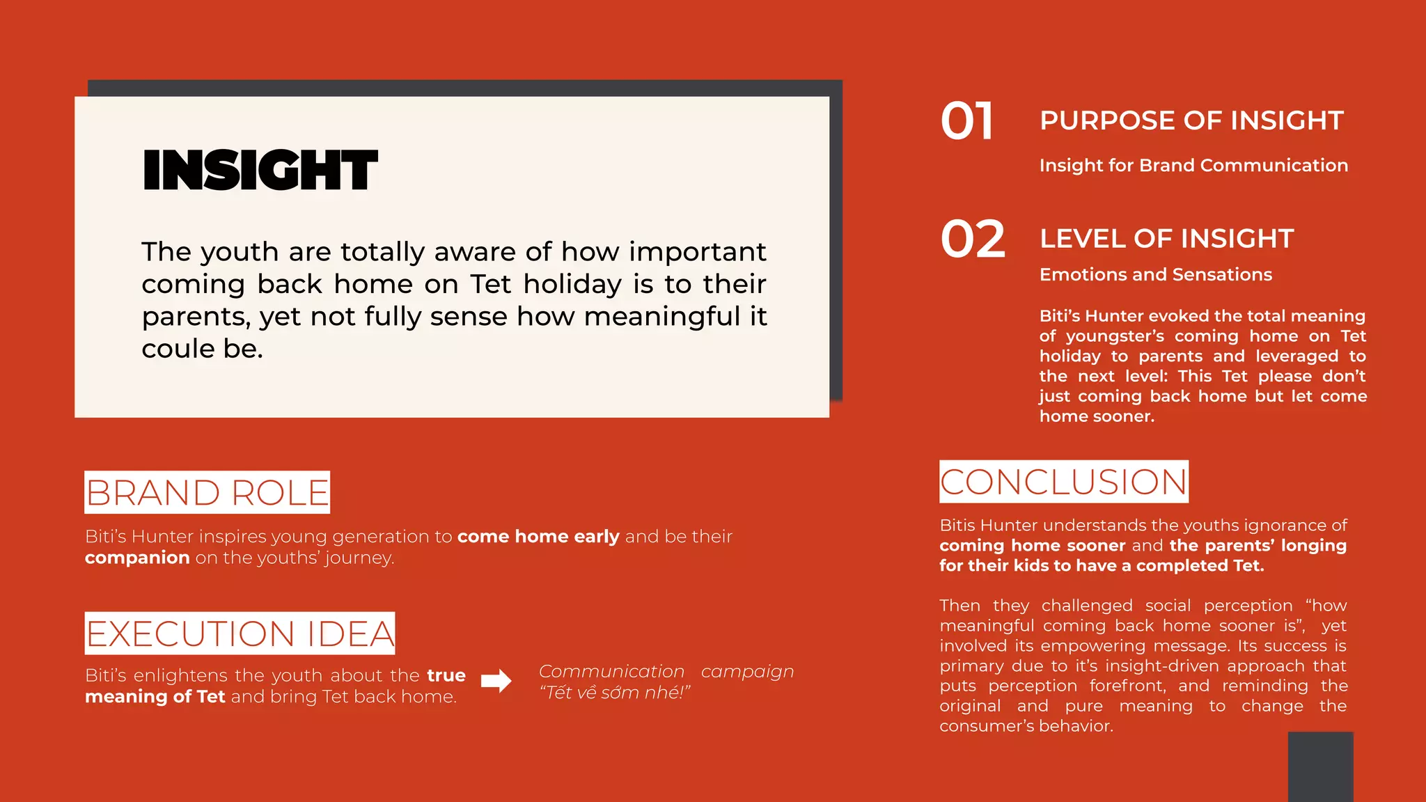 come home early
companion
Bitis Hunter understands the youths ignorance of
coming home sooner and the parents’ longing
for their kids to have a completed Tet.
Then they challenged social perception “how
meaningful coming back home sooner is”, yet
involved its empowering message. Its success is
primary due to it’s insight-driven approach that
puts perception forefront, and reminding the
original and pure meaning to change the
consumer’s behavior.
true
meaning of Tet
 