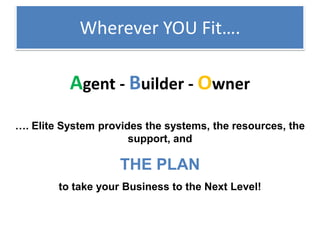 Wherever YOU Fit….
Agent - Builder - Owner
…. Elite System provides the systems, the resources, the
support, and
THE PLAN
to take your Business to the Next Level!
 