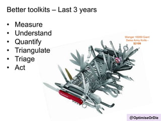Better toolkits – Last 3 years
@OptimiseOrDie
• Measure
• Understand
• Quantify
• Triangulate
• Triage
• Act
Wenger 16999 Giant
Swiss Army Knife -
$2199
 