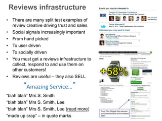 • There are many split test examples of
review creative driving trust and sales
• Social signals increasingly important
• From hand picked
• To user driven
• To socially driven
• You must get a reviews infrastructure to
collect, respond to and use them on
other customers!
• Reviews are useful – they also SELL
“blah blah” Mrs S. Smith
“blah blah” Mrs S. Smith, Lee
“blah blah” Mrs S. Smith, Lee (read more)
“made up crap” – in quote marks
Reviews infrastructure
“Amazing Service…”
 