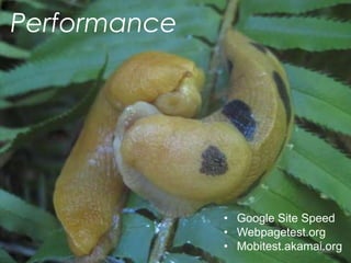 Performance
• Google Site Speed
• Webpagetest.org
• Mobitest.akamai.org32
 