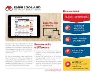 Empregoland.com is one of the first international job boards in Portuguese speaking countries that provide recruitment services integrated with our specialist digital recruitment expertise to provide a focus on the quality of matching candidates and recruiters. 
Our core job market spans across nine countries where Portuguese is the official language: Angola, Brazil, Cape Verde, East-Timor, Macau, Mozambique, Guinea-Bissau, Portugal and São Tomé and Príncipe and across 4 continents: Europe, Africa, Asia and (South) America. 
1. 
Our team has extensive knowledge and database in all core Portuguese speaking countries; 
2. 
We are truly international as we treat the Portuguese job market as one, so more effective and faster results to you; 
3. 
We provide a cost and time effective solution using our online platform to match clients needs with candidate talent. 
How we make 
a difference 
www.empregoland.com 
How we work 
Source Candidates 
Internationally 
YOUR HR + CORPORATE NEEDS 
• Candidate placement 
• Reduce Cost 
• Support your growth plans 
Success = 
Match + Screen 
Candidates 
Understand 
your staffing 
requirements 
EMPREGOLAND 
on mobile  