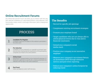 Our Online Recruitment Forum will allow you to interact with the very 
best selected candidates on a web-based platform using webcasts, chat functionality and/or email to exchange information about employment opportunities. 
Online Recruitment Forums 
PROCESS 
1 
Candidate Pre-Register 
Candidates signing up and apply on Elite website to participate in the online event 
2 
Pre-Selection 
Candidates are pre-screened by our specialist recruitment team and only those meeting selection requirements of the participating companies are invited to the online platform 
3 
Online Event 
Networking in company booths via live chat/email interaction, CV distribution, application to specific jobs, company presentation via webcasts with live Q&A in the online auditorium 
4 
Post Event 
Follow up telephone and/or VoIP interviews. 
• 
Recruit for specific job openings 
• 
Complement existing recruitment strategies 
• 
Promote your employer brand 
• 
Target candidates who are not always able to attend physical events due to visa and/or financial constraints 
• 
Extend your company’s social 
media reach 
• 
Position your company as an innovative employer 
• 
Measure your company’s recruitment Return on Investment (ROI) through extensive metrics and post event reporting 
• 
Reduce your company’s carbon footprint by reducing travel 
The Benefits  