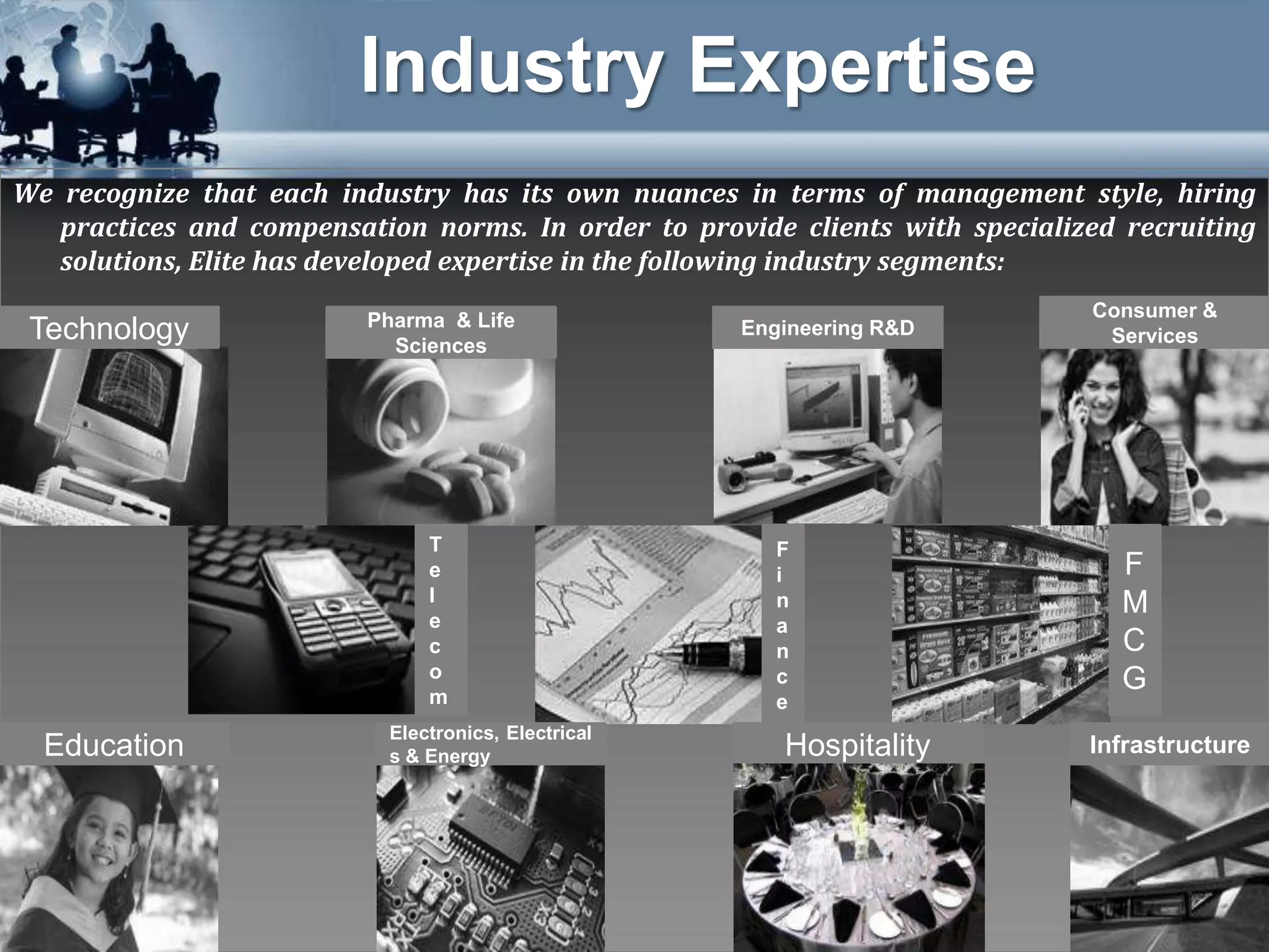Industry Expertise
We recognize that each industry has its own nuances in terms of management style, hiring
   practices and compensation norms. In order to provide clients with specialized recruiting
   solutions, Elite has developed expertise in the following industry segments:

                          Pharma & Life                                        Consumer &
 Technology                 Sciences
                                                     Engineering R&D            Services




                               T                        F
                               e                        i                         F
                               l                        n                         M
                               e                        a
                               c                        n                         C
                               o                        c                         G
                               m                        e
                           Electronics, Electrical
  Education                s & Energy                    Hospitality           Infrastructure
 