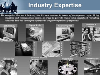 Industry Expertise
We recognize that each industry has its own nuances in terms of management style, hiring
   practices and compensation norms. In order to provide clients with specialized recruiting
   solutions, Elite has developed expertise in the following industry segments:

                          Pharma & Life                                        Consumer &
 Technology                 Sciences
                                                     Engineering R&D            Services




                               T                        F
                               e                        i                         F
                               l                        n                         M
                               e                        a
                               c                        n                         C
                               o                        c                         G
                               m                        e
                           Electronics, Electrical
  Education                s & Energy                    Hospitality           Infrastructure
 