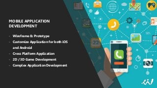 MOBILE APPLICATION
DEVELOPMENT
- Wireframe & Prototype
- Customize Application for both iOS
and Android
- Cross Platform Application
- 2D / 3D Game Development
- Complex Application Development
 