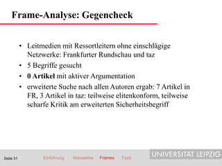 Frame-Analyse: Gegencheck


           • Leitmedien mit Ressortleitern ohne einschlägige
             Netzwerke: Frankfurt...