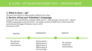 1. What is close – up?
The best oral solution to make people confident to be closer.
2. Review of last year Valentine’s Campaign.
Last year’s Close up Valentine campaign “Walk of love” – with message “Let love rule“ – Attract
10,000 young people to join this event – 99 couples marked on Walk of love which made this
event become the biggest Valentine event in 2014.
Execution in 2014
B. CLOSE – UP VALENTINE EVENT 2015 – CREATIVE BRIEF
EXPERIENCE
PR, editorial,
advertorial,
social channel
TRIGGER
Online contest –
Remark love on
Walk of love. &
Offline event at
Anh Sao bridge
AMPLIFY
PR, editorial,
advertorial,
social channel
 
