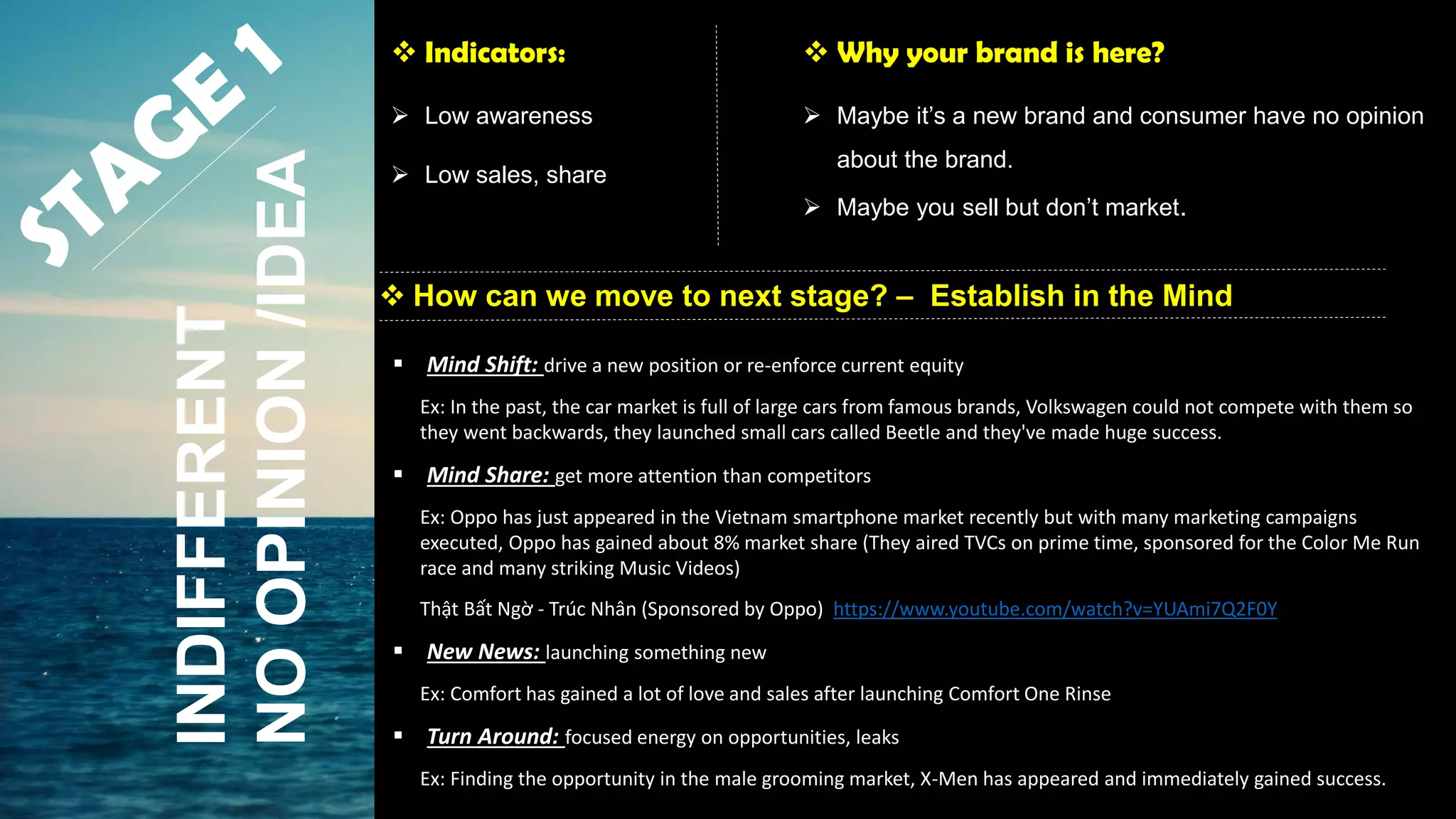 INDIFFERENT
NOOPINION/IDEA
 Indicators:
 Low awareness
 Low sales, share
 Why your brand is here?
 Maybe it’s a new brand and consumer have no opinion
about the brand.
 Maybe you sell but don’t market.
 How can we move to next stage? – Establish in the Mind
 Mind Shift: drive a new position or re-enforce current equity
Ex: In the past, the car market is full of large cars from famous brands, Volkswagen could not compete with them so
they went backwards, they launched small cars called Beetle and they've made huge success.
 Mind Share: get more attention than competitors
Ex: Oppo has just appeared in the Vietnam smartphone market recently but with many marketing campaigns
executed, Oppo has gained about 8% market share (They aired TVCs on prime time, sponsored for the Color Me Run
race and many striking Music Videos)
Thật Bất Ngờ - Trúc Nhân (Sponsored by Oppo) https://www.youtube.com/watch?v=YUAmi7Q2F0Y
 New News: launching something new
Ex: Comfort has gained a lot of love and sales after launching Comfort One Rinse
 Turn Around: focused energy on opportunities, leaks
Ex: Finding the opportunity in the male grooming market, X-Men has appeared and immediately gained success.
 
