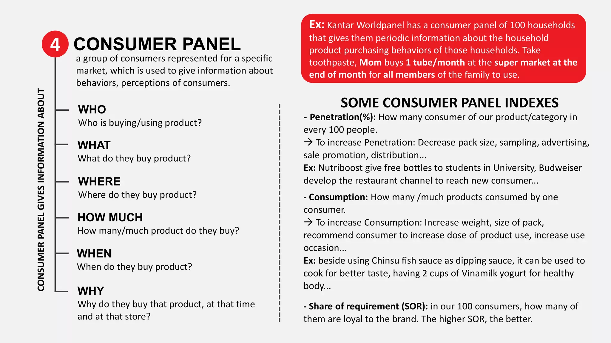 4 CONSUMER PANEL
SOME CONSUMER PANEL INDEXES
- Penetration(%): How many consumer of our product/category in
every 100 people.
 To increase Penetration: Decrease pack size, sampling, advertising,
sale promotion, distribution...
Ex: Nutriboost give free bottles to students in University, Budweiser
develop the restaurant channel to reach new consumer...
- Consumption: How many /much products consumed by one
consumer.
 To increase Consumption: Increase weight, size of pack,
recommend consumer to increase dose of product use, increase use
occasion...
Ex: beside using Chinsu fish sauce as dipping sauce, it can be used to
cook for better taste, having 2 cups of Vinamilk yogurt for healthy
body...
- Share of requirement (SOR): in our 100 consumers, how many of
them are loyal to the brand. The higher SOR, the better.
a group of consumers represented for a specific
market, which is used to give information about
behaviors, perceptions of consumers.
WHY
Why do they buy that product, at that time
and at that store?
Ex: Kantar Worldpanel has a consumer panel of 100 households
that gives them periodic information about the household
product purchasing behaviors of those households. Take
toothpaste, Mom buys 1 tube/month at the super market at the
end of month for all members of the family to use.
CONSUMERPANELGIVESINFORMATIONABOUT
WHO
Who is buying/using product?
WHAT
What do they buy product?
WHERE
Where do they buy product?
HOW MUCH
How many/much product do they buy?
WHEN
When do they buy product?
 