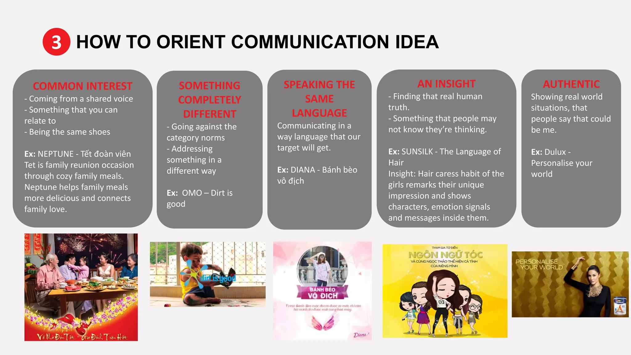 HOW TO ORIENT COMMUNICATION IDEA3
COMMON INTEREST
- Coming from a shared voice
- Something that you can
relate to
- Being the same shoes
Ex: NEPTUNE - Tết đoàn viên
Tet is family reunion occasion
through cozy family meals.
Neptune helps family meals
more delicious and connects
family love.
AN INSIGHT
- Finding that real human
truth.
- Something that people may
not know they’re thinking.
Ex: SUNSILK - The Language of
Hair
Insight: Hair caress habit of the
girls remarks their unique
impression and shows
characters, emotion signals
and messages inside them.
SPEAKING THE
SAME
LANGUAGE
Communicating in a
way language that our
target will get.
Ex: DIANA - Bánh bèo
vô địch
SOMETHING
COMPLETELY
DIFFERENT
- Going against the
category norms
- Addressing
something in a
different way
Ex: OMO – Dirt is
good
AUTHENTIC
Showing real world
situations, that
people say that could
be me.
Ex: Dulux -
Personalise your
world
 
