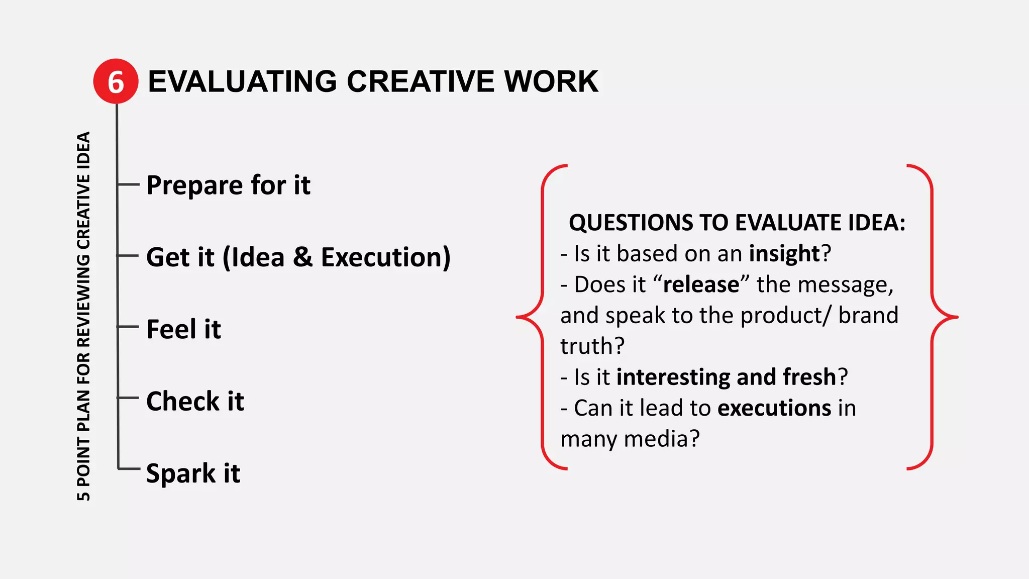 Prepare for it
Get it (Idea & Execution)
Feel it
Check it
Spark it
QUESTIONS TO EVALUATE IDEA:
- Is it based on an insight?
- Does it “release” the message,
and speak to the product/ brand
truth?
- Is it interesting and fresh?
- Can it lead to executions in
many media?
EVALUATING CREATIVE WORK65POINTPLANFORREVIEWINGCREATIVEIDEA
 