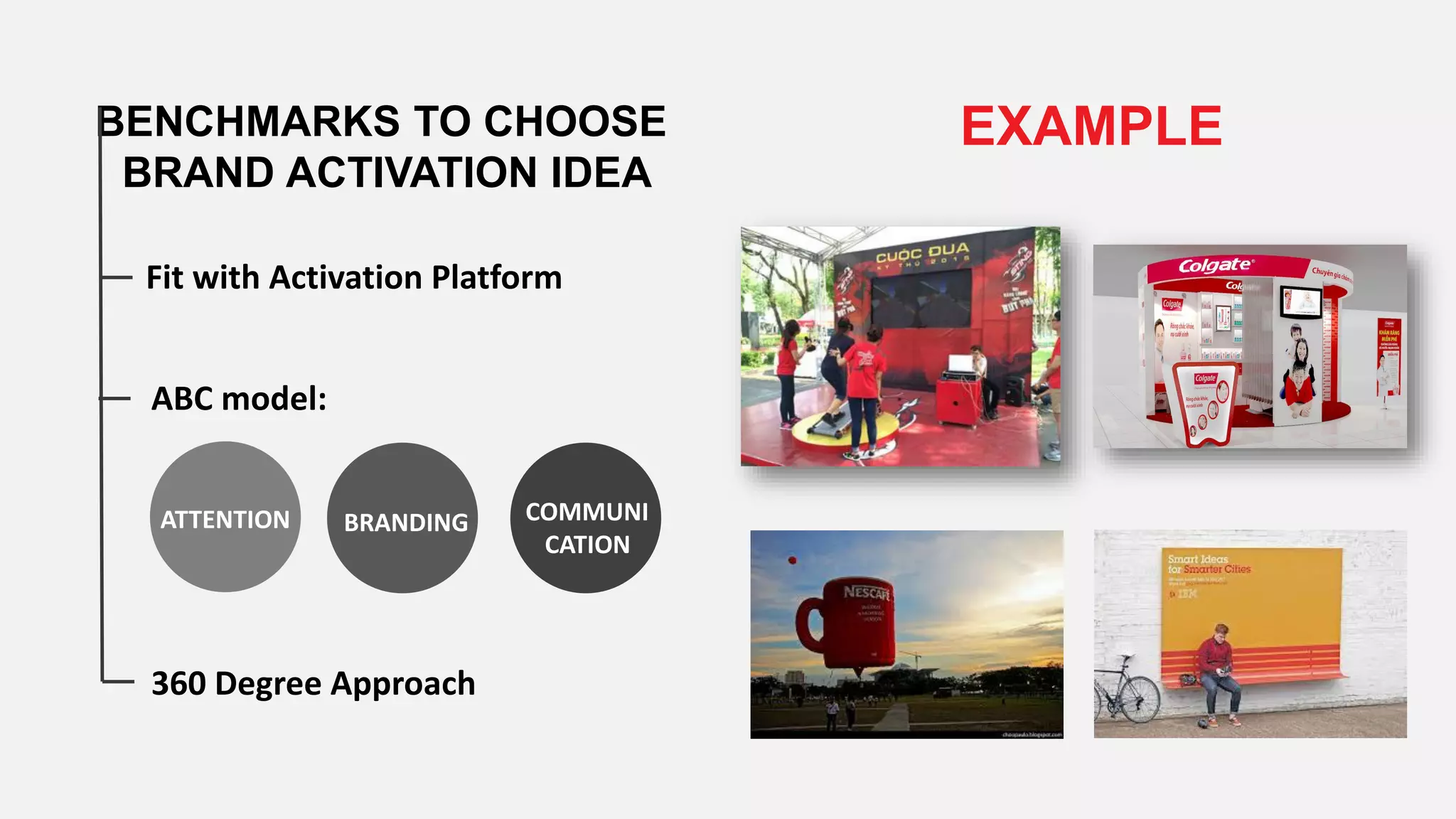 EXAMPLEBENCHMARKS TO CHOOSE
BRAND ACTIVATION IDEA
Fit with Activation Platform
ABC model:
360 Degree Approach
ATTENTION BRANDING COMMUNI
CATION
 